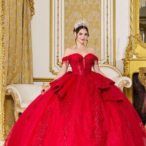 New Red Off The Shoulder Quinceanera Gown w/ Layered Skirt & Floral Lace DQ 5108